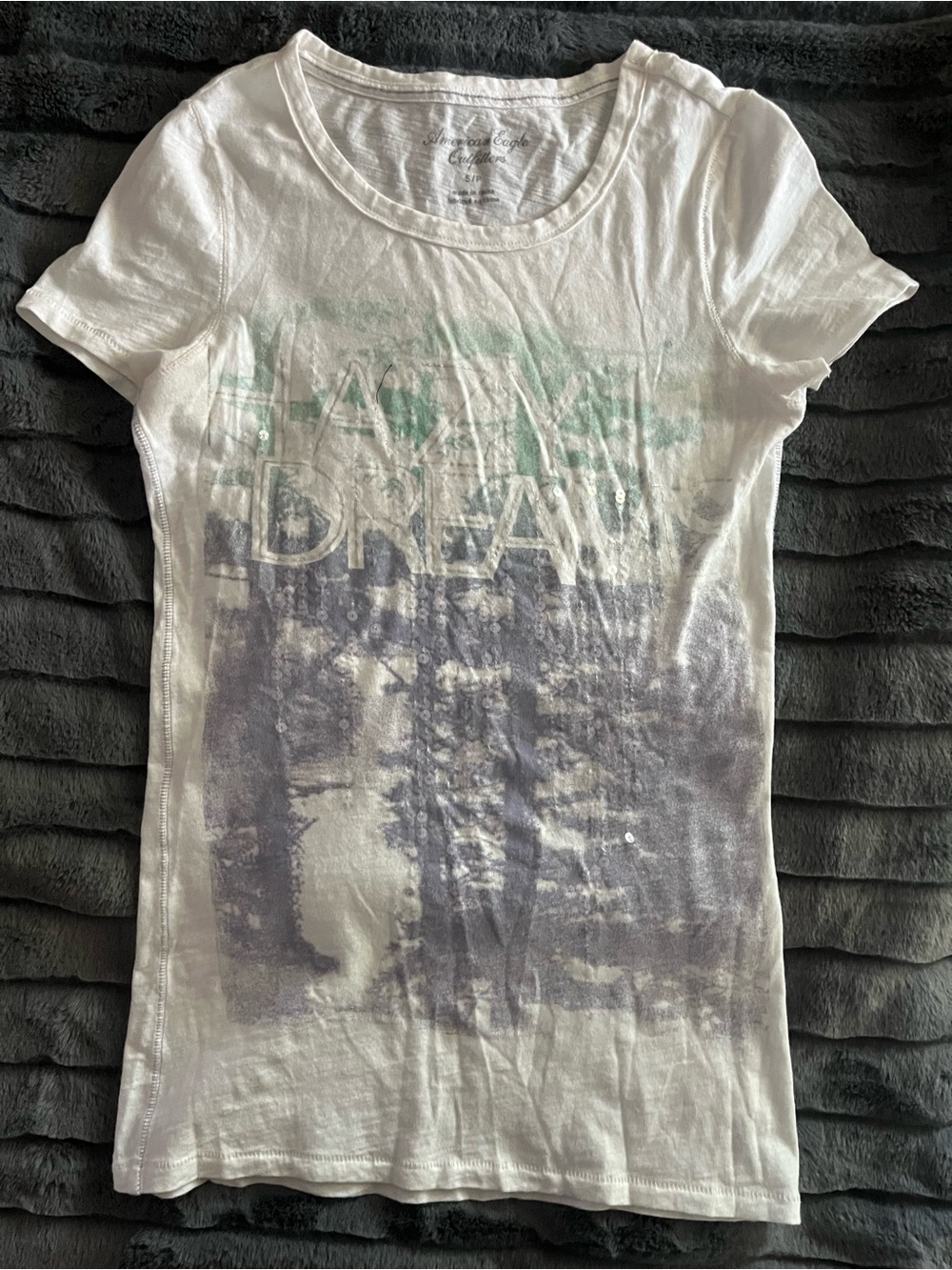 White Graphic Tee with Faded Forest Print